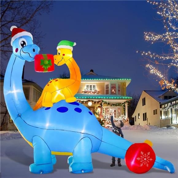 10 Ft Christmas Inflatable Decorations, Mother Son Dinosaur Built-in LED Lights - Picture 3 of 6